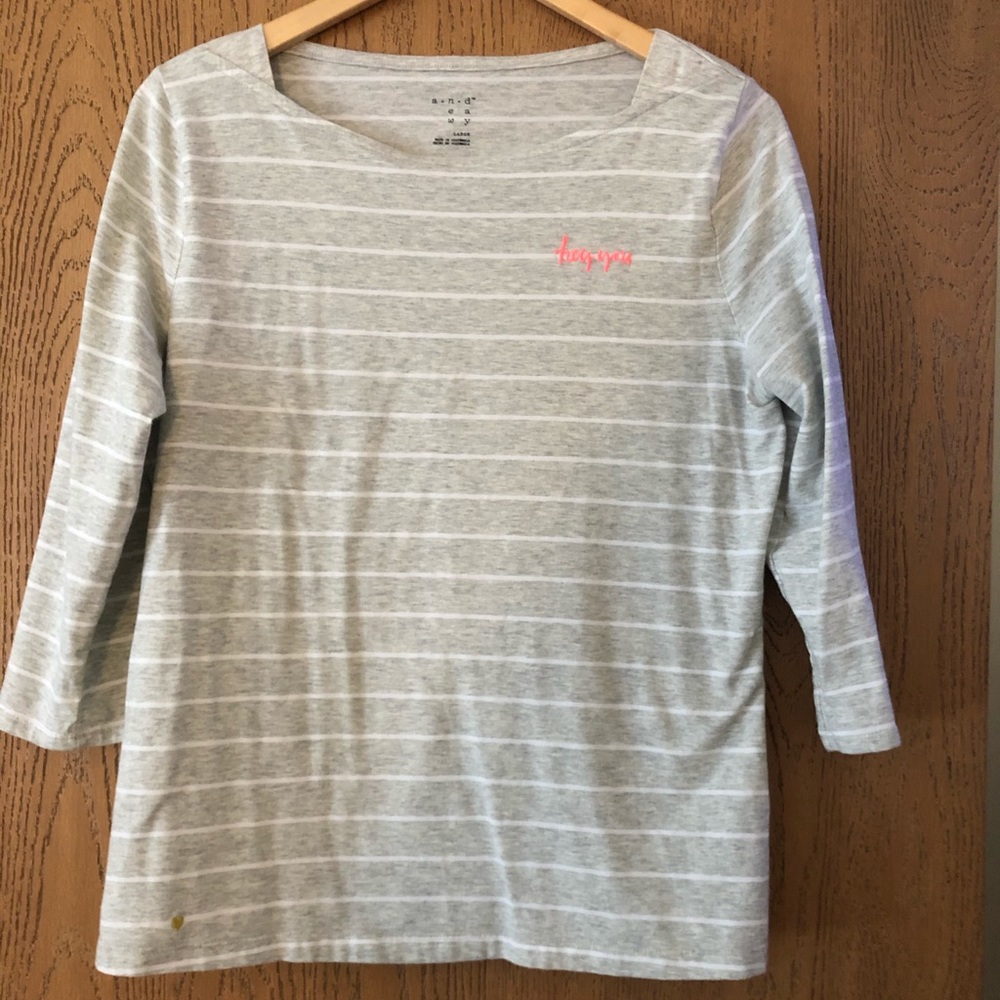 Grey and white striped shirt with cute saying